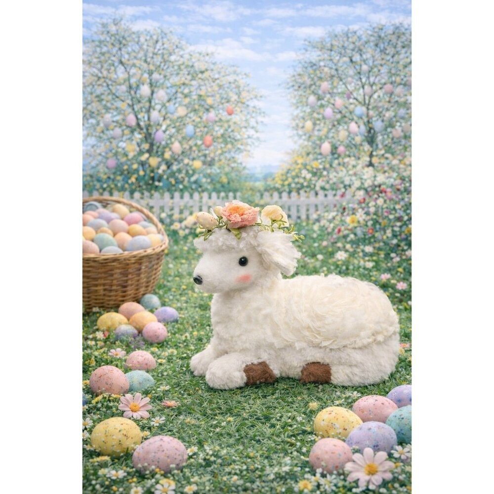New White Holiday Easter Sheep Fuzzy W/ Flowers On Gead Figurine Room Decor